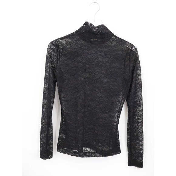 St. John Women’s Lace Mock Neck Top Black Long Sleeve Sheer Blouse Size P Petite - Picture 7 of 15